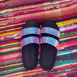 VS pink metallic slides